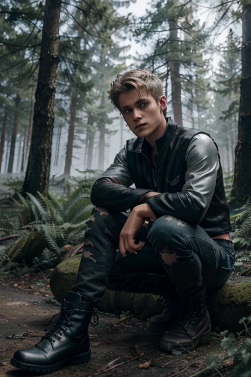 Cody Saintgnue,Brett Talbot, Teen Wolf, 18 years old, short messy blonde hair, green eyes, red sports vest, black military shirt with lightning bolt print, black jeans, black combat boots. silver pendant, white wolf print. Forest background with fog aura around black color.