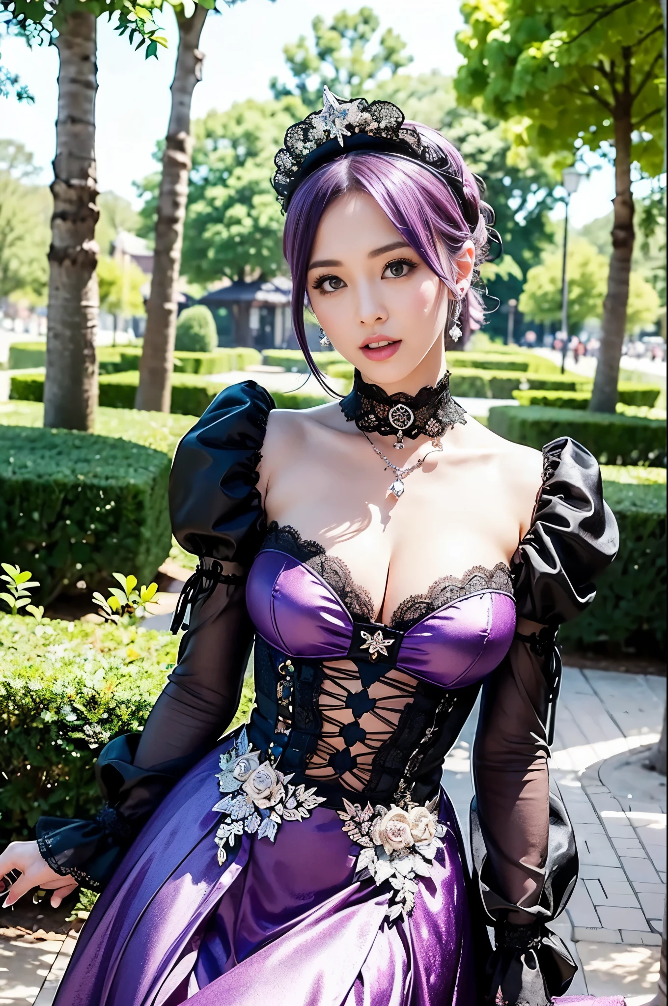 nsfw, sexy stylish Swedish model, only 1 female, ((doll-like appearance)), short purple stylish hair, shiny Victorian-Style boots, beautiful smile, ultra detailed eyes, vivid eye makeup, lipgloss, long lashes, defined eyebrows, ((sexy Paradise Kiss cosplay)), bell-shaped skirt, petticoats, high neckline, puffed sleeves, ((ultra detailed lace)), ((ultra detailed embroidery)), intricate details, Paradise Kiss accessoires and matching headpiece, choker, ((large sparkling Paradise Kiss jewelry)), cinematic light, detailed large park background with trees