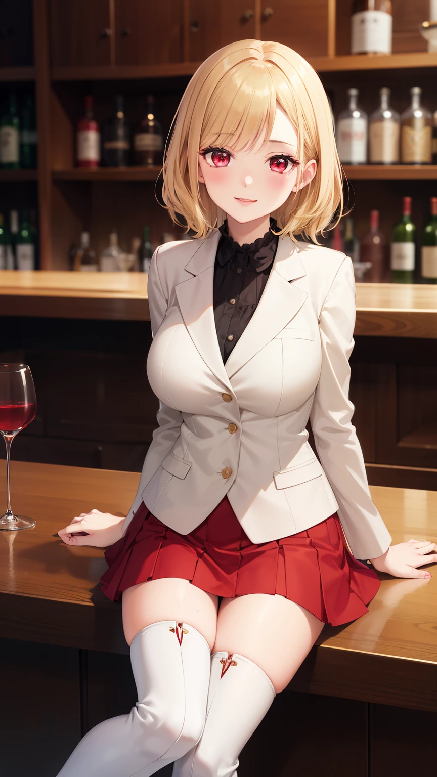 masterpiece, ultra-detailed, illustration, game cg, best quality, highres, kitagawa marin, 1girl, short fluffy blonde hair, swept bangs, gradient hair, red eyes, glossy lips, light smile, blush, large breasts, red puffy miniskirt, white blazer, red thigh boots, wine bar, sitting, (legs crossing)