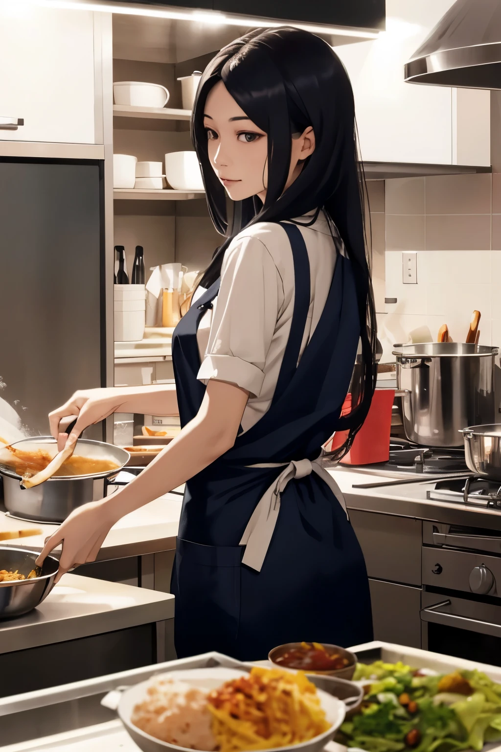 a woman with long hair is frying, wearing an apron that says KANG SEBLAK
