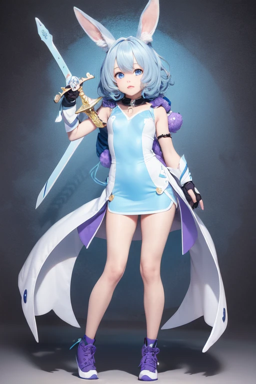 girl, blue curly hair, blue eye, blue and purple clothes, rabbit ears, rabbit nose, sword, full body