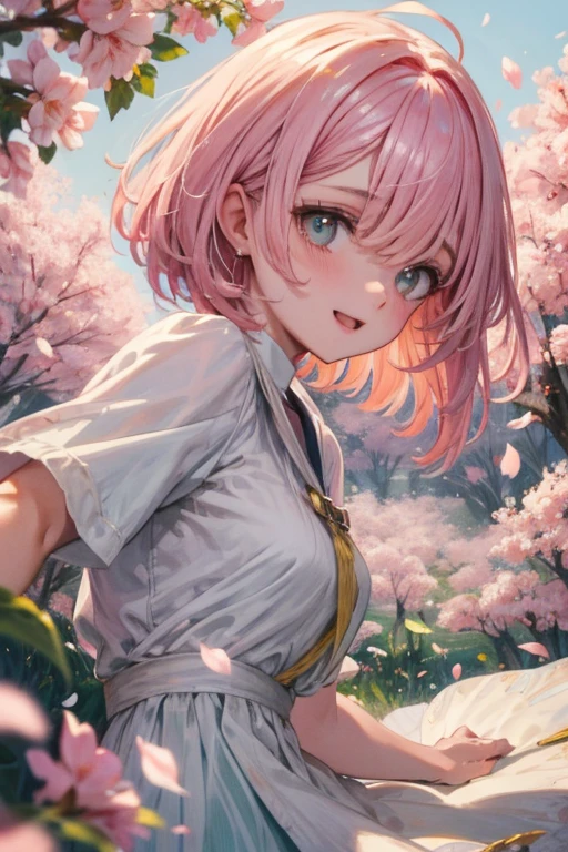 Uma jovem mulher sorridente, olhos verdes, cabelo rosa claro, fundo campo de floresta, petals flying, vento, particles.