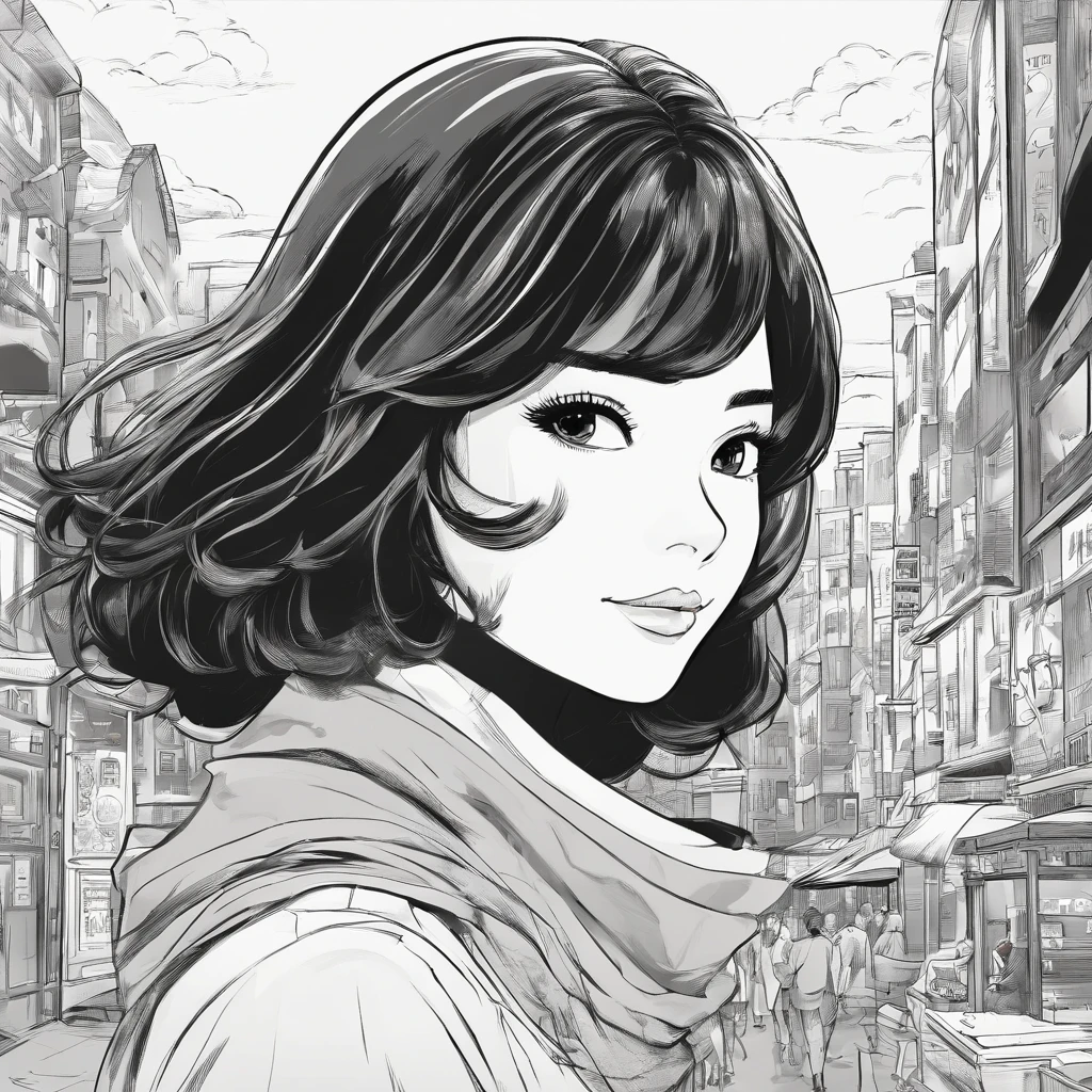 Black and white cartoon style、30 years old、Beautiful Wife、Short Bob Hair、sweater、skirt、Background white、No background、