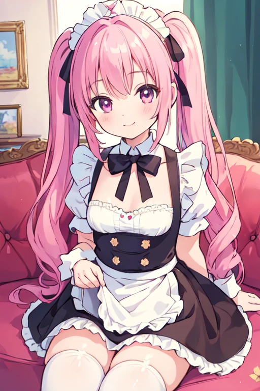 (best quality, masterpiece:1.2), illustrations, a cute girl, early teens, very lovingly face, twintails, pink hair, maid wear, small breasts, smile, livingroom,