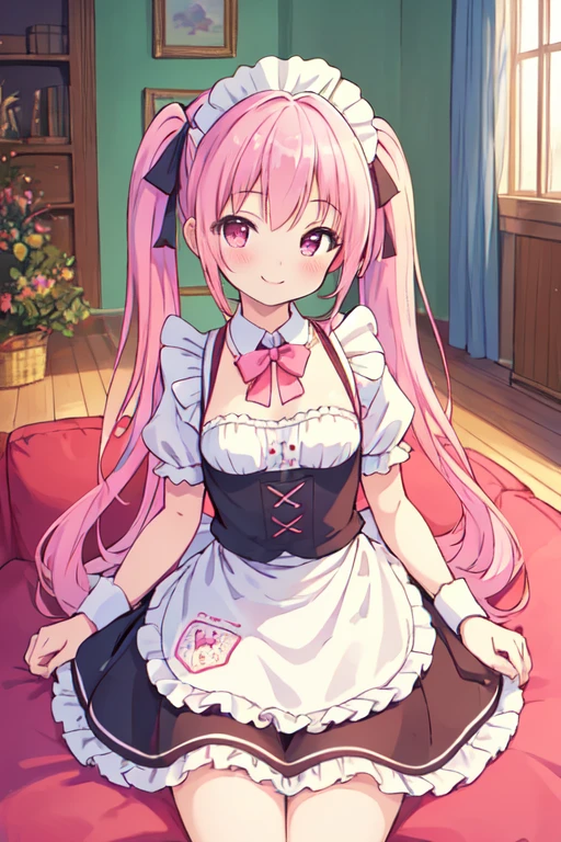 (best quality, masterpiece:1.2), illustrations, a cute girl, early teens, very lovingly face, twintails, pink hair, maid wear, small breasts, smile, livingroom,