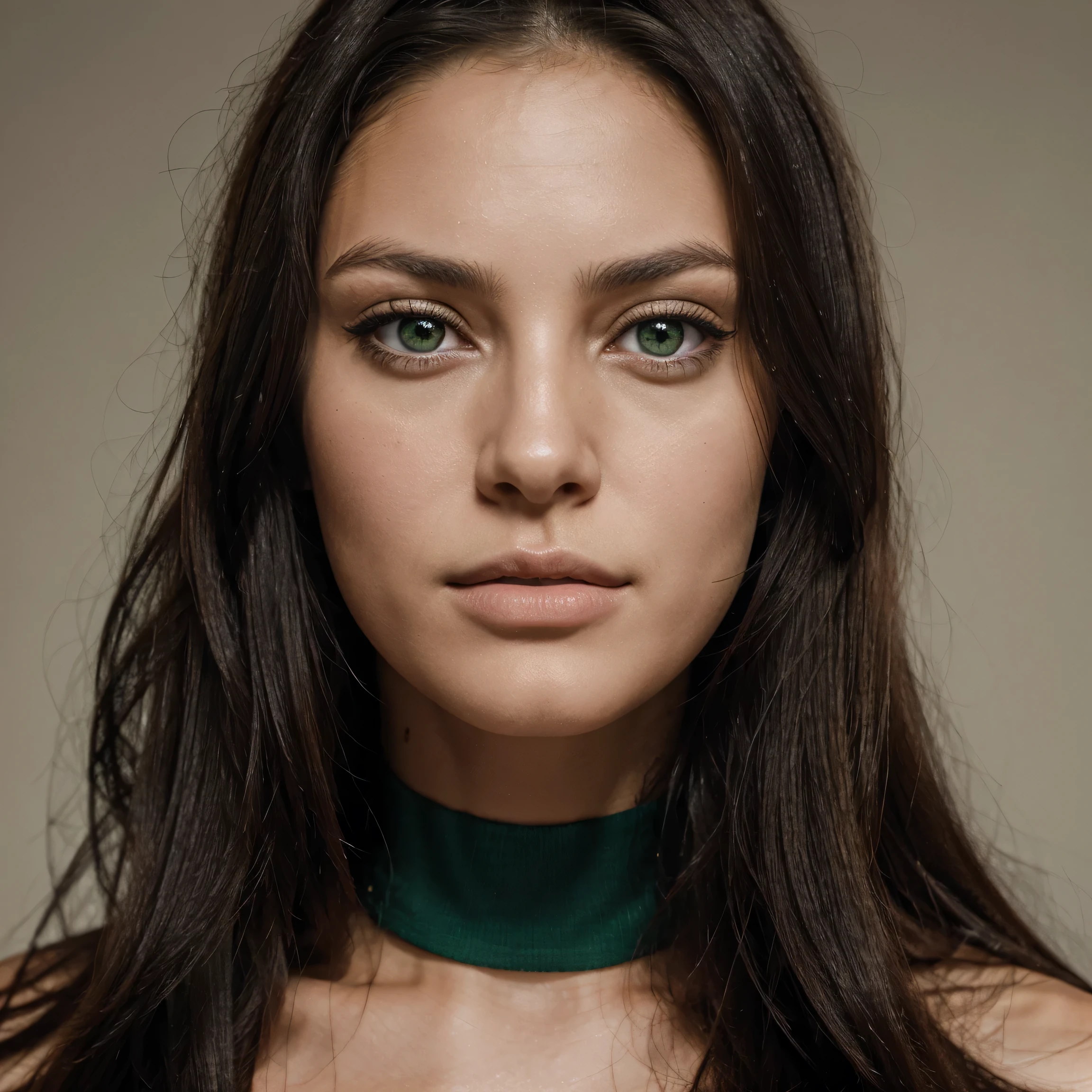 Very beautiful, in her mid-thirties, brunette, with black and long hair, wheat-skinned, green-eyed, attractive, full-lipped, long-lashed, slightly slanted-eyed, solo and only face, ultra-realistic, female portrait, high-resolution and high-quality, facing directly towards the camera with eyes looking at the camera.