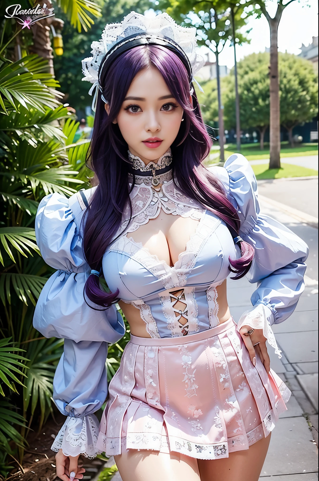 nsfw, sexy stylish Swedish model, only 1 female, ((doll-like appearance)), short purple stylish hair, shiny Victorian-Style boots, beautiful smile, ultra detailed eyes, vivid eye makeup, lipgloss, long lashes, defined eyebrows, ((sexy Paradise Kiss cosplay)), bell-shaped skirt, petticoats, high neckline, puffed sleeves, ((ultra detailed lace)), ((ultra detailed embroidery)), intricate details, Paradise Kiss accessoires and matching headpiece, choker, ((large sparkling Paradise Kiss jewelry)), cinematic light, detailed large park background with trees