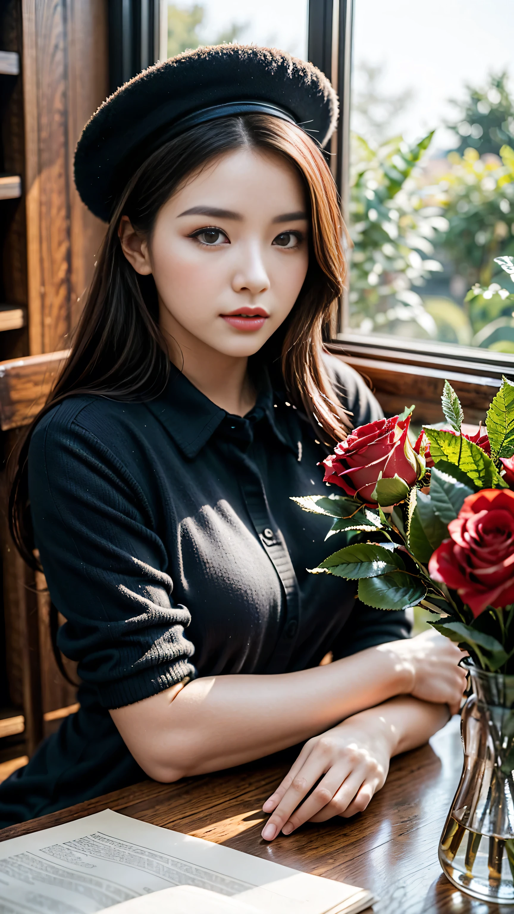 (最high quality, 8K, tabletop, Ultra HD), (photorealistic), , (sharp focus), ((highest resolution)), ((1 girl: 1.3)) 20 years old, architecture, book, bookshelf, bowlcandle, flower, hat, indoors, long, hair, red, flower, red rose, rose scenery, scroll, table, vase, window,