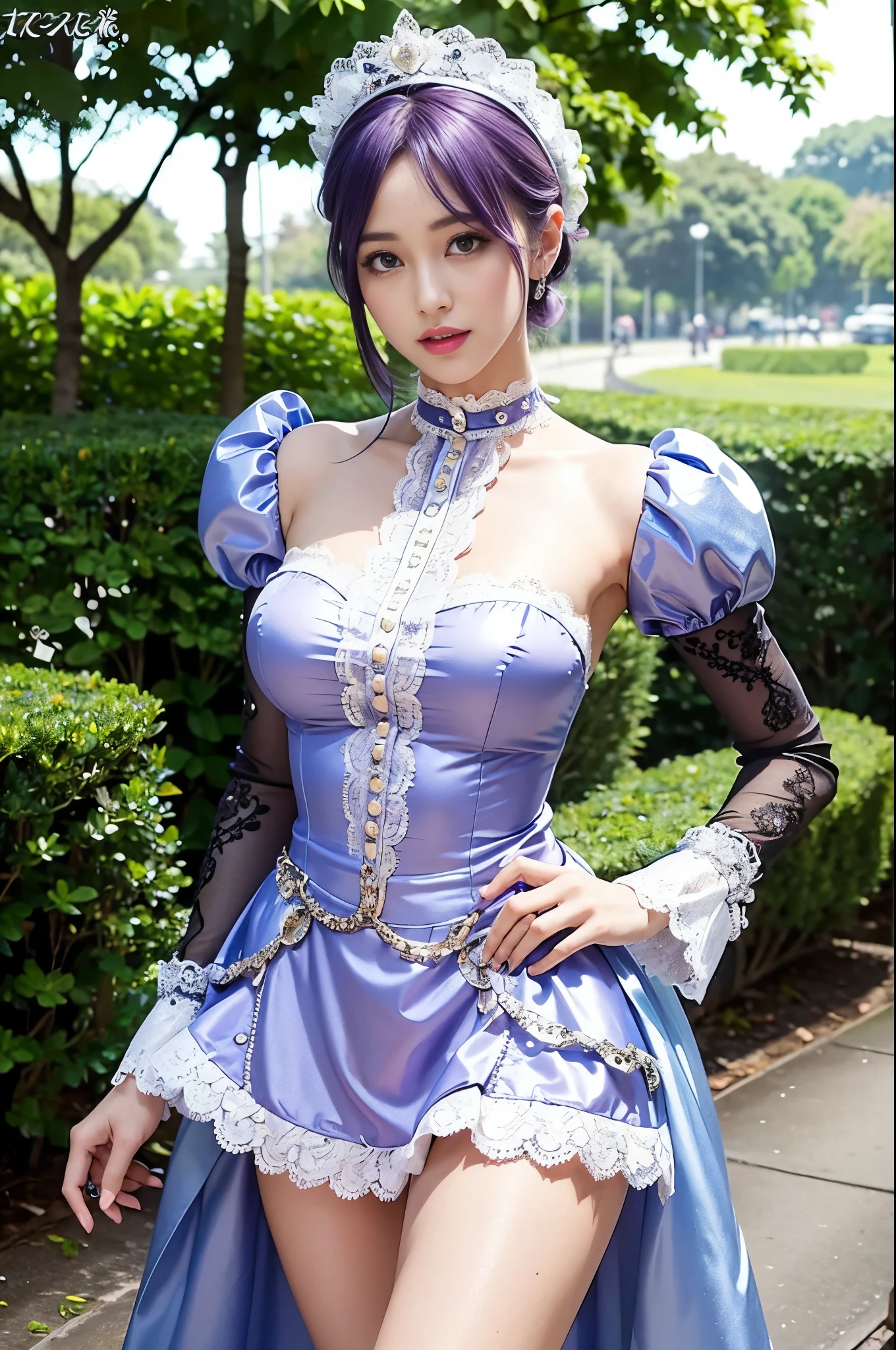nsfw, sexy stylish Swedish model, only 1 female, ((doll-like appearance)), short purple stylish hair, shiny Victorian-Style boots, beautiful smile, ultra detailed eyes, vivid eye makeup, lipgloss, long lashes, defined eyebrows, ((sexy Paradise Kiss cosplay)), bell-shaped skirt, petticoats, high neckline, puffed sleeves, ((ultra detailed lace)), ((ultra detailed embroidery)), intricate details, Paradise Kiss accessoires and matching headpiece, choker, ((large sparkling Paradise Kiss jewelry)), cinematic light, detailed large park background with trees 