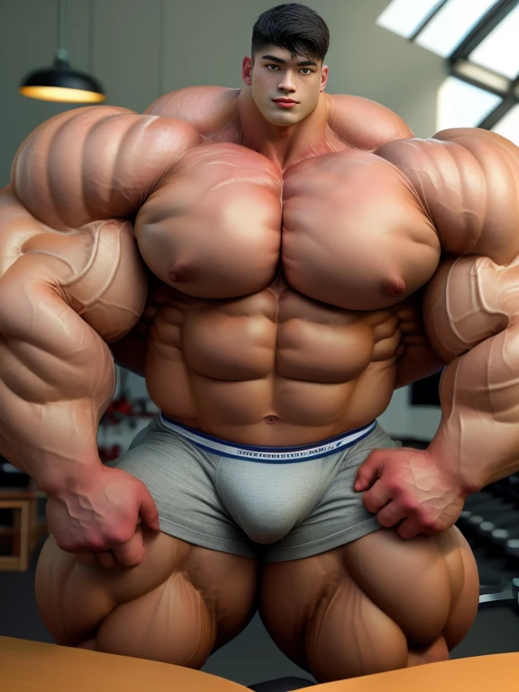 1 asian boy, giant, undercut black haircut, bodybuilder pose, indoor, at the studio, strong body, bulk, naked, wear white triangular underwear, bulge, big, brutalmass, giant, muscular body, bulk, massive body, large meaty body size, brown veiny skin, big arms, ballooning meaty pecs, big butt. wet, UHD, Realistic, intricate detail