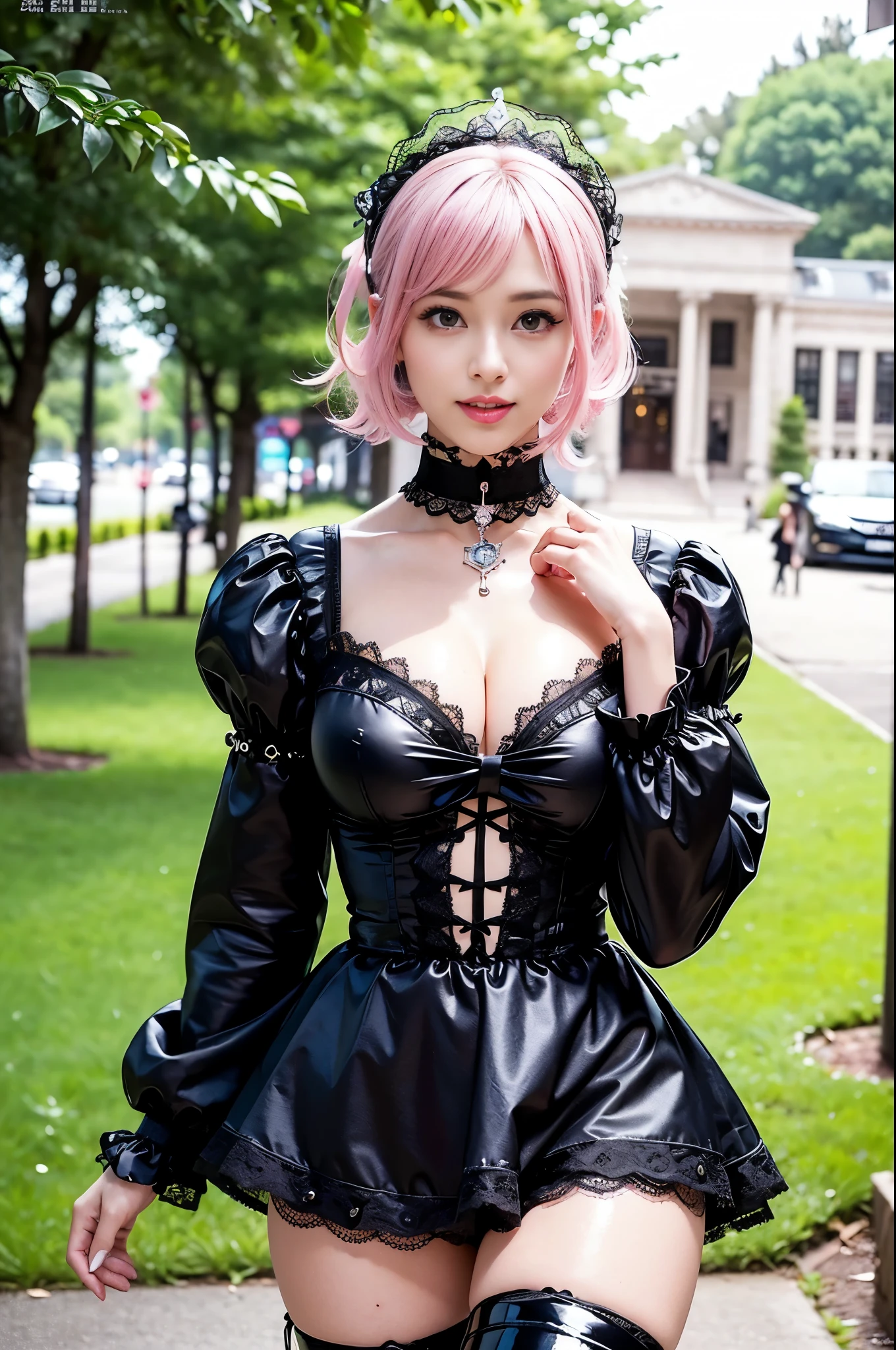 (nsfw), sexy stylish Swedish model, only 1 female, ((doll-like appearance)), short neon pink stylish hair, ((shiny Victorian-Style boots)), (big smile), ultra detailed eyes, vivid eye makeup, lipgloss, long lashes, defined eyebrows, ((sexy Paradise Kiss cosplay)), bell-shaped skirt, petticoats, high neckline, puffed sleeves, ((ultra detailed lace)), ((ultra detailed embroidery)), intricate details, Paradise Kiss accessoires and matching headpiece, choker, ((large sparkling Paradise Kiss jewelry)), cinematic light, detailed large park background with trees