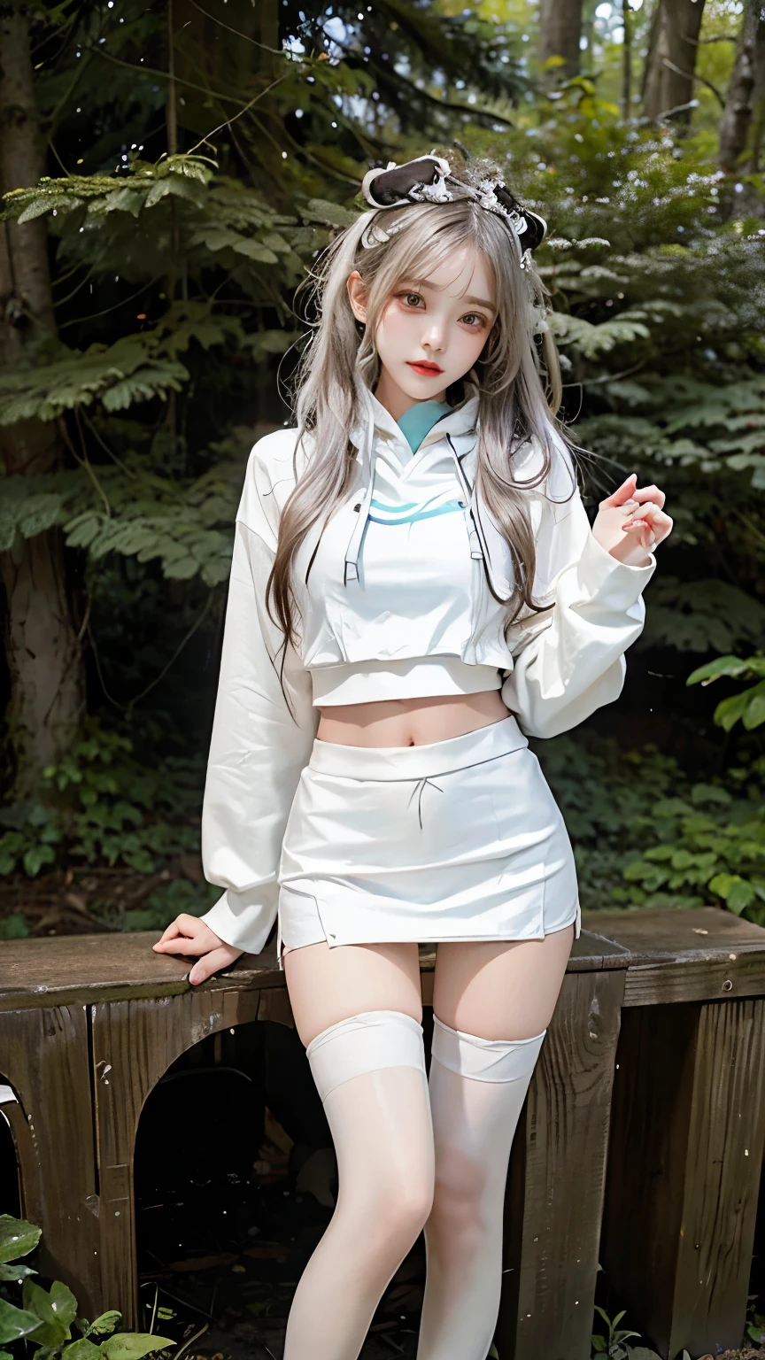 hoodie。From the knee up。Only the navel is exposed。White Hair。in the forest。mini skirt。Knee socks。Standing posture。