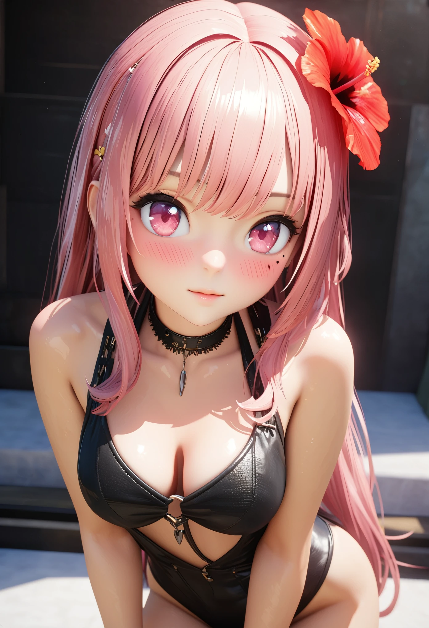masterpiece, best quality, highly detailed, high resolution, expensive resolution, high resolution, 4K, 8k, Unity 8k wallpaper, highly detailed CG, masterpiece, 2D, 3D, beautiful details, depth, fine texture, best quality: 1.3, perfectly focused, crispy skin, he,
Very cute anime girl, swimsuit style , large breasts, pink medium long hair in expensive clothes, mole under eye, looking at the viewer, expensive, blush, mole, lips open, hibiscus hair accessory, heart, pink eyes, choker