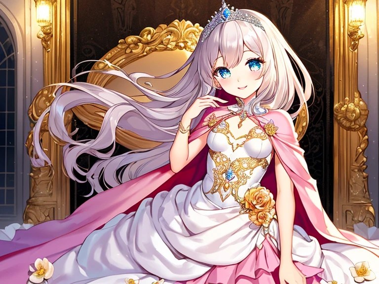 (kawaii),(best quality),(ultra detailed),(rococo style),(long train pastel pink cape:1.15), very long cape,(long train white ball gown with flower decorations:1.1), a girl is wearing a cape over her gown, 1 little princess, tiara, smile, very long hair, small breasts, beautiful detailed eyes, beautiful detailed lips, looking at viewer