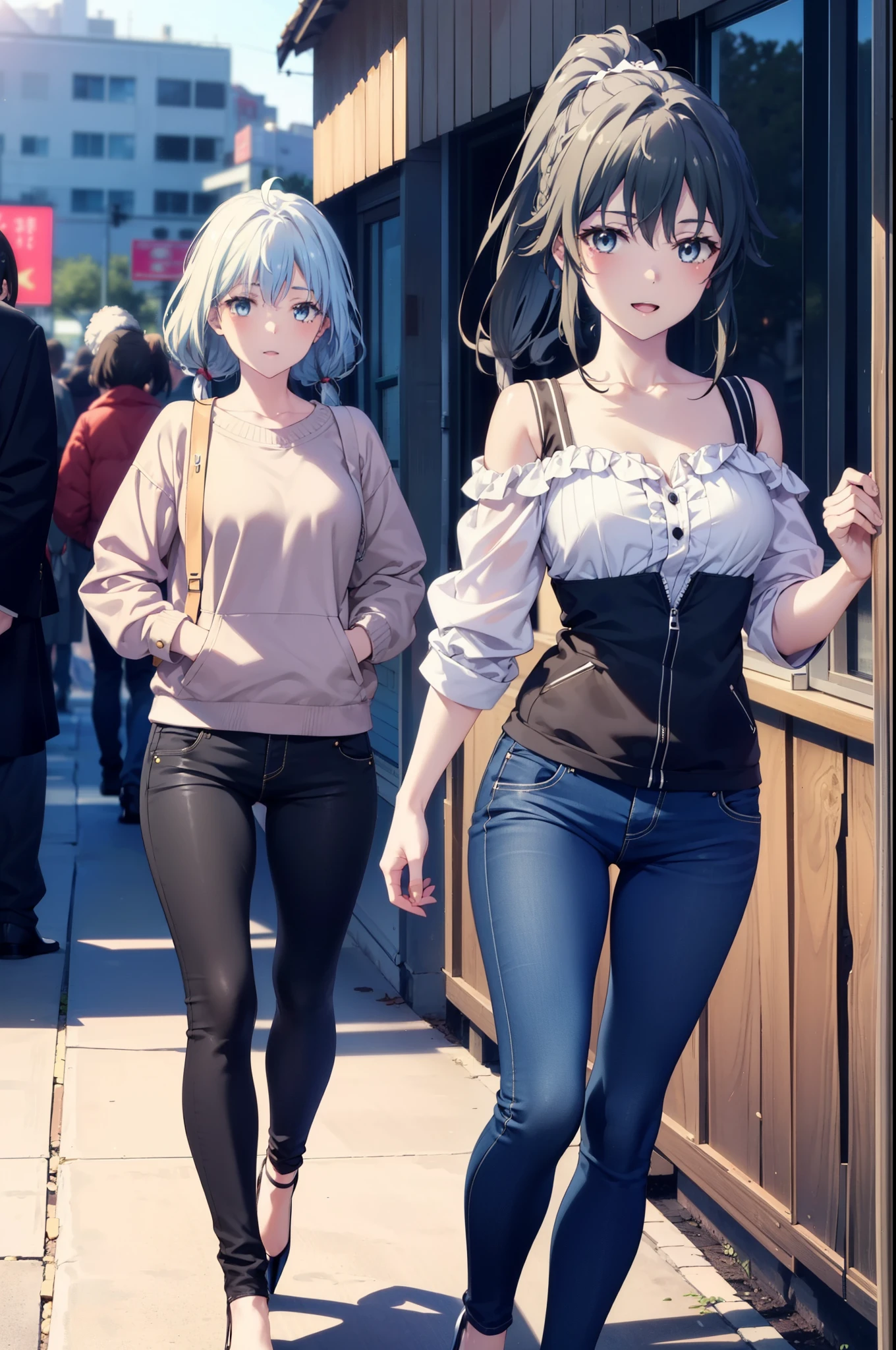yukinoyukinoshita, yukino yukinoshita, Black Hair, blue eyes, Long Hair, Ahoge,Short braided hair,ponytail,happy smile, smile, Open your mouth,Cold shoulder tops,skinny pants,Stiletto heels,Walking,morning,morning陽,The sun is rising,
Break indoors, In town,Building district,
壊す looking at viewer, Systemic
break (masterpiece:1.2), highest quality, High resolution, unity 8k wallpaper, (figure:0.8), (Beautiful fine details:1.6), Highly detailed face, Perfect lighting, Highly detailed CG, (Perfect hands, Perfect Anatomy),