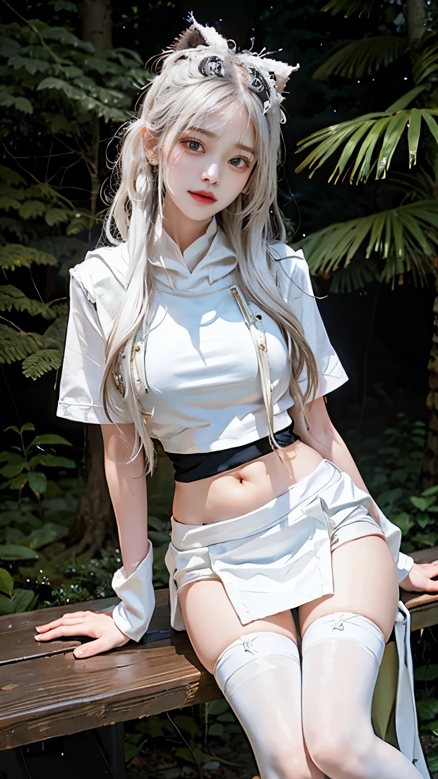 hoodie。From the knee up。Only the navel is exposed。White Hair。in the forest。mini skirt。Knee socks。Standing posture。