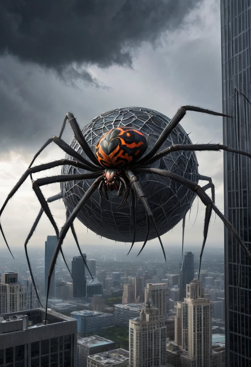  The image depicts a monstrous spider with a large, spherical body, numerous long, spindly legs, and a menacing, pointed mouth. It is perched atop a skyscraper, set against a stormy, dark gray sky, and surrounded by towering, windowed buildings.