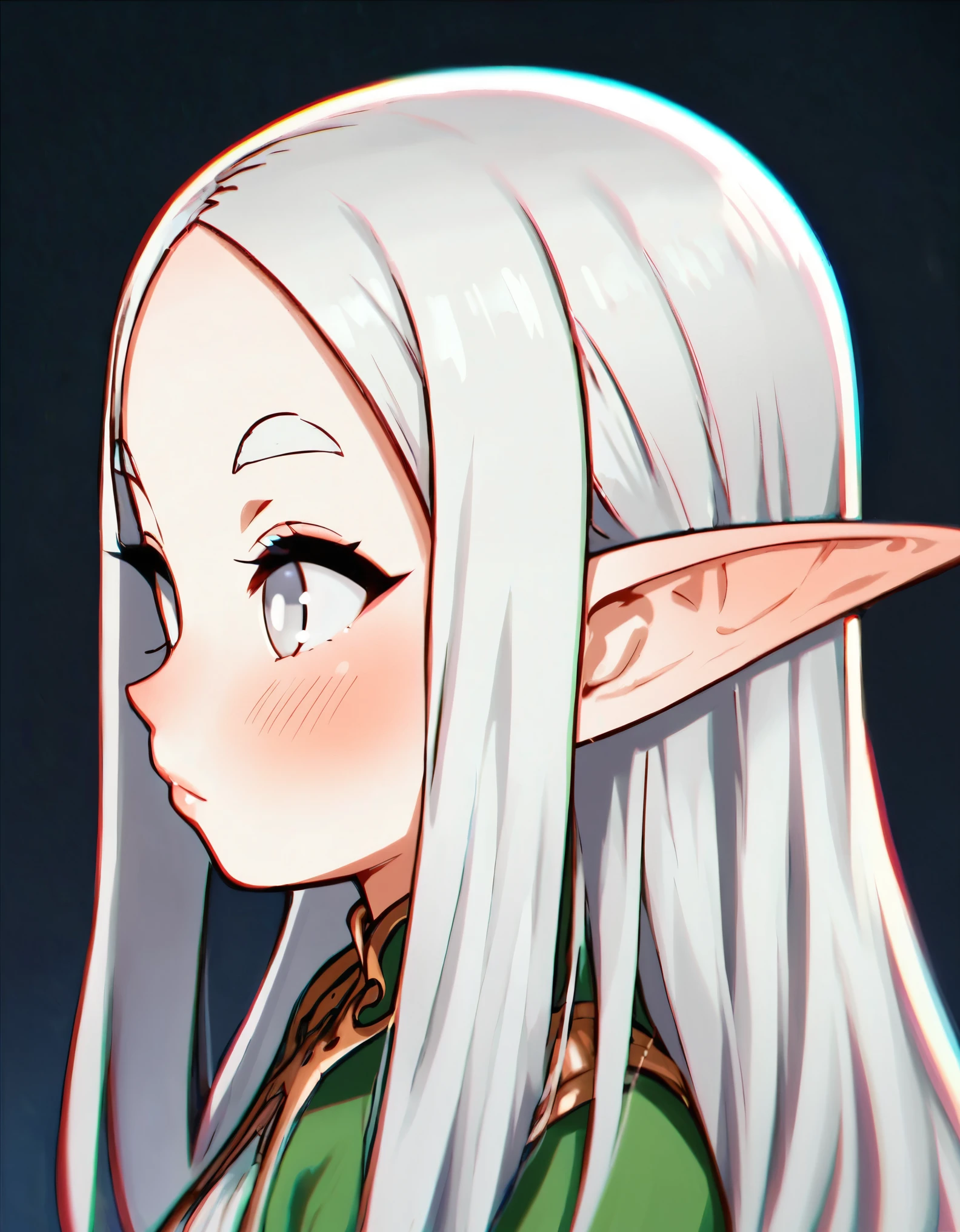 portrait, blurry, chibi, big forehead, chromatic aberration, 1girl, pale white skin, long hair, smooth hair, silky hair, white hair, white eyes, looking away, blushing, thick eyebrows, side view, makeup, pointy ears, elf ears, dark background, strong lighting,