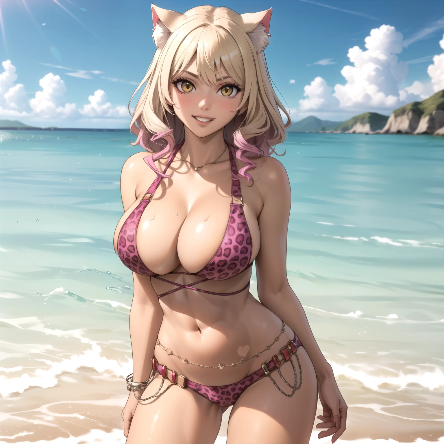 woman age 28 , rubia, cabello rubio con sus puntas rosadas, orejas de gato en su cabeza, piel morena, piel morena y bronceada, pechos grandes, pink leopard print bikini, accesorios de oro, sonrisa picara, esta en una playa soleada, orejas de gato. rostro perfecto. cabello rubio, rubia, pelo rubio, pelo rubio. rubia. orejas de gato, cat ears standing in front of the camera , manos perfectas de pie parada,