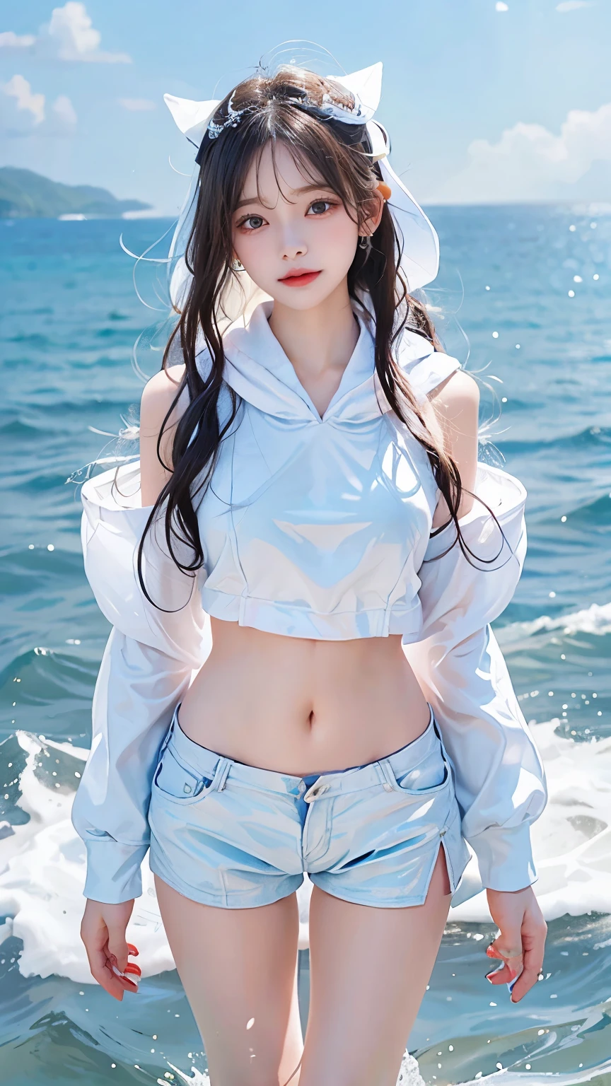 In the clear blue sea、Wearing a white hoodie fluttering in the wind、A woman wearing shorts、standing on the waves。Her hair is long、Shine white、Swaying in the waves。belly button。