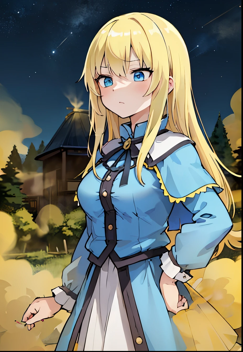 masterpiece, highest quality, (fart, farting, Yellow gas:1.2), ((お尻からのfart)), Yellow smoke, Marianne_Time Skip, Blue clothes, Capelet, Dark alpine forest, Are standing, night, look up, Upper Body, Detailed face