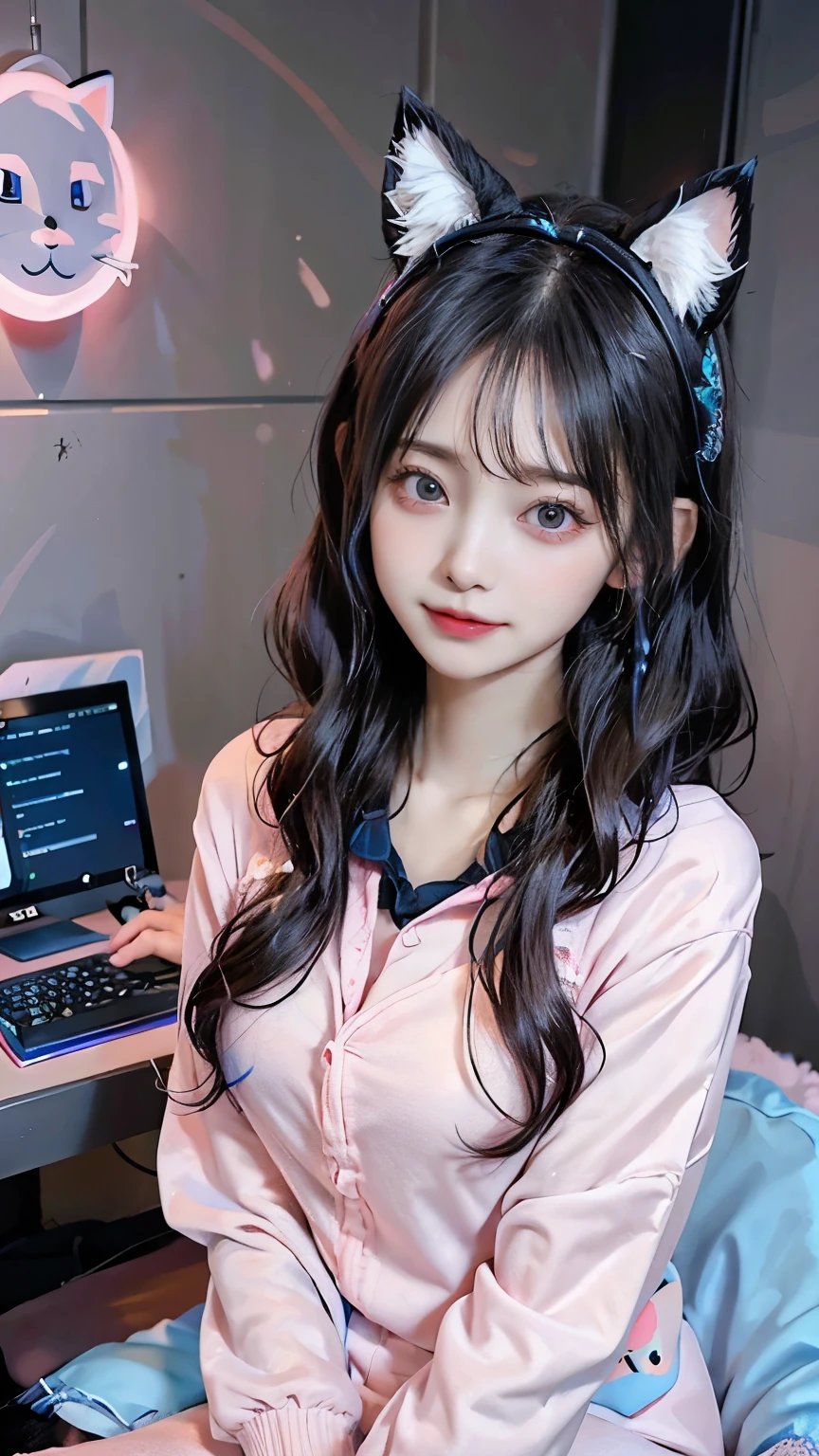 /imagine a beautiful anime girl live streaming from her room, with long black hair, big blue eyes, wearing a pink hoodie and a cute headset with cat ears, sitting in front of a modern computer setup with colorful LED lights, surrounded by plushies and posters on the wall, smiling and engaging with her audience, bright and cheerful atmosphere
