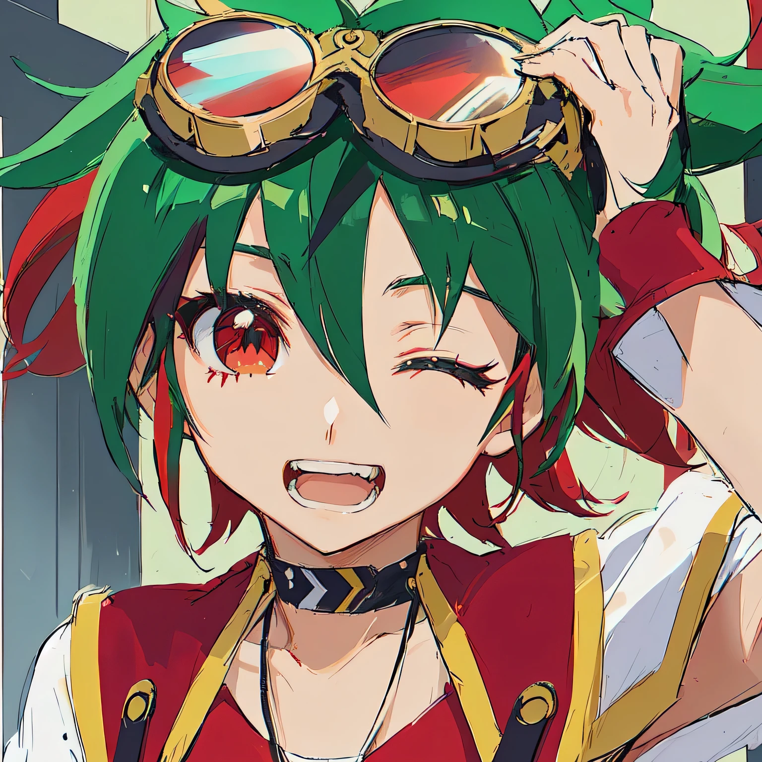 Chico anime con cabello verde con mechones rojos y ojos rojos sosteniendo un par de gafas en su cabeza., gurren lagan, Estilo de Gurren Lagann (2007), as an personaje animado, chico anime, anime style, Today's featured anime still., chico anime del futuro, estilo yugioh, rogue anime boy, imagen de anime de safebooru, personaje animado