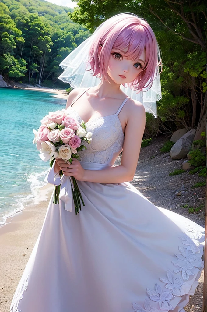 Pink and light blue dreamy hair　short hair　Purple Eyes　beautiful girl　wedding　White Dress　White flower　blue sea　White sand beach　Hair fluttering
