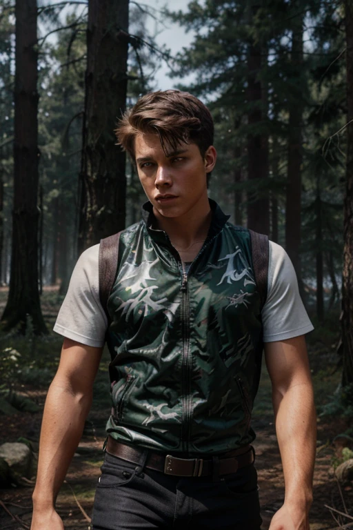 Michael Johnston, Corey Bryant, Teen Wolf, 18 years old, short messy brown hair, green eyes, red sports vest, black military shirt with lightning bolt print, black jeans, black combat boots. silver pendant, white wolf print. Forest background with fog aura around black color.