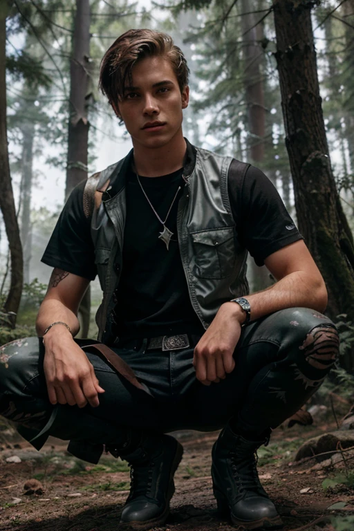 Michael Johnston, Corey Bryant, Teen Wolf, 18 years old, short messy brown hair, green eyes, red sports vest, black military shirt with lightning bolt print, black jeans, black combat boots. silver pendant, white wolf print. Forest background with fog aura around black color.