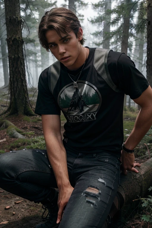 Michael Johnston, Corey Bryant, Teen Wolf, 18 years old, short messy brown hair, green eyes, red sports vest, black military shirt with lightning bolt print, black jeans, black combat boots. silver pendant, white wolf print. Forest background with fog aura around black color.