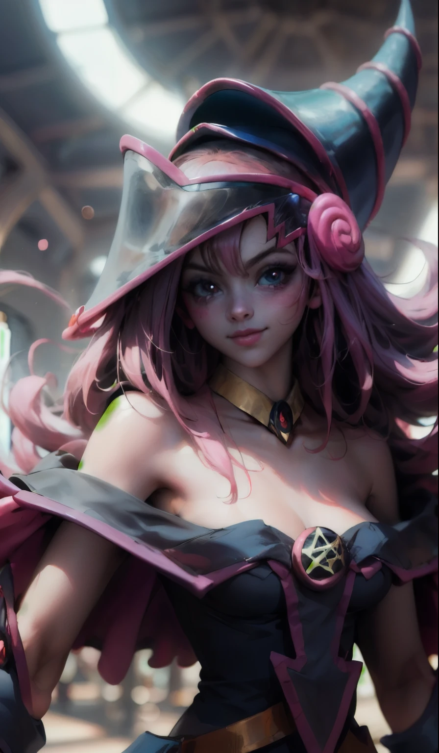 Crear el hermoso rostro de dark magician gils. Ojos azules. Labios rosados. Tez blanca. Cabello dorado. Tender girl smile.