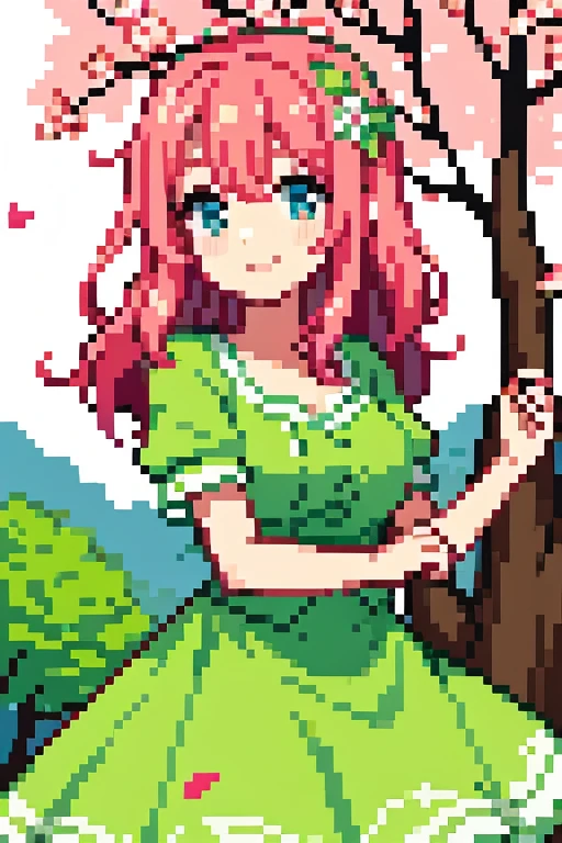 Jovem mulher de cabelo rosa e olhos verdes, sorridente, euphoric tone, fundo jardim, vento, petals flying, tree