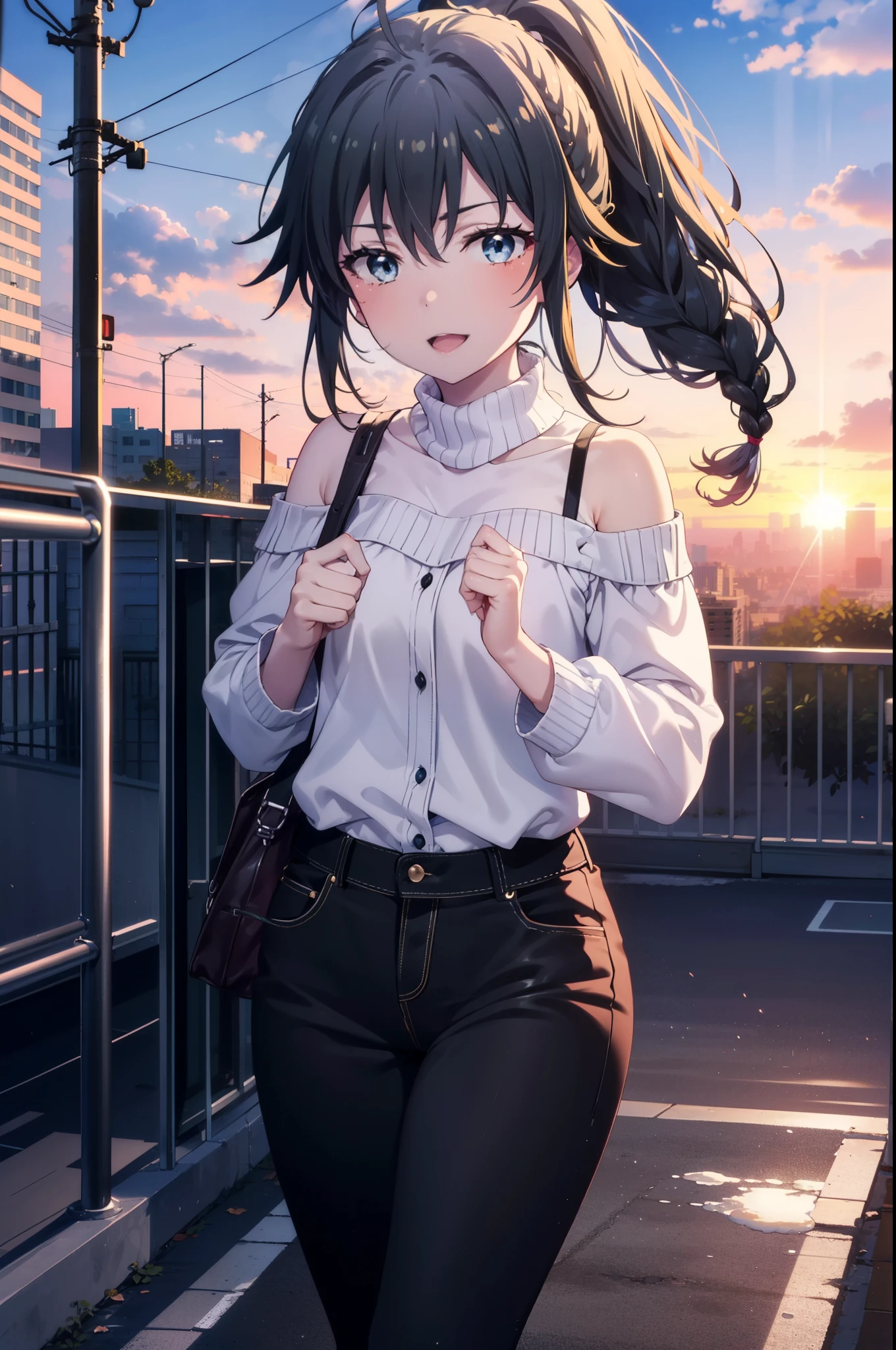 yukinoyukinoshita, yukino yukinoshita, Black Hair, blue eyes, Long Hair, Ahoge,Short braided hair,ponytail,happy smile, smile, Open your mouth,Cold shoulder tops,skinny pants,Stiletto heels,Walking,morning,morning陽,The sun is rising,
Destroy outdoors, In town,Building district,
壊す looking at viewer, Systemic
break (masterpiece:1.2), highest quality, High resolution, unity 8k wallpaper, (figure:0.8), (Beautiful fine details:1.6), Highly detailed face, Perfect lighting, Highly detailed CG, (Perfect hands, Perfect Anatomy),