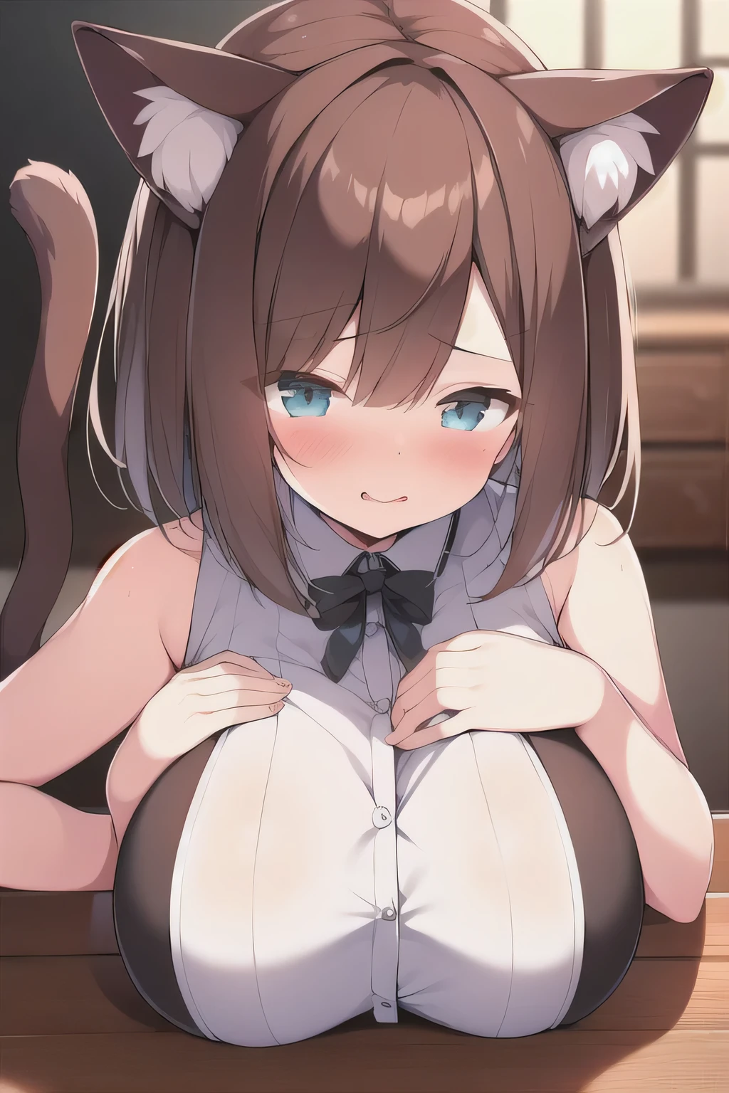 Cute,brown haired girl sitting on a desk with cat ears and tails, with big breasts,blushing 