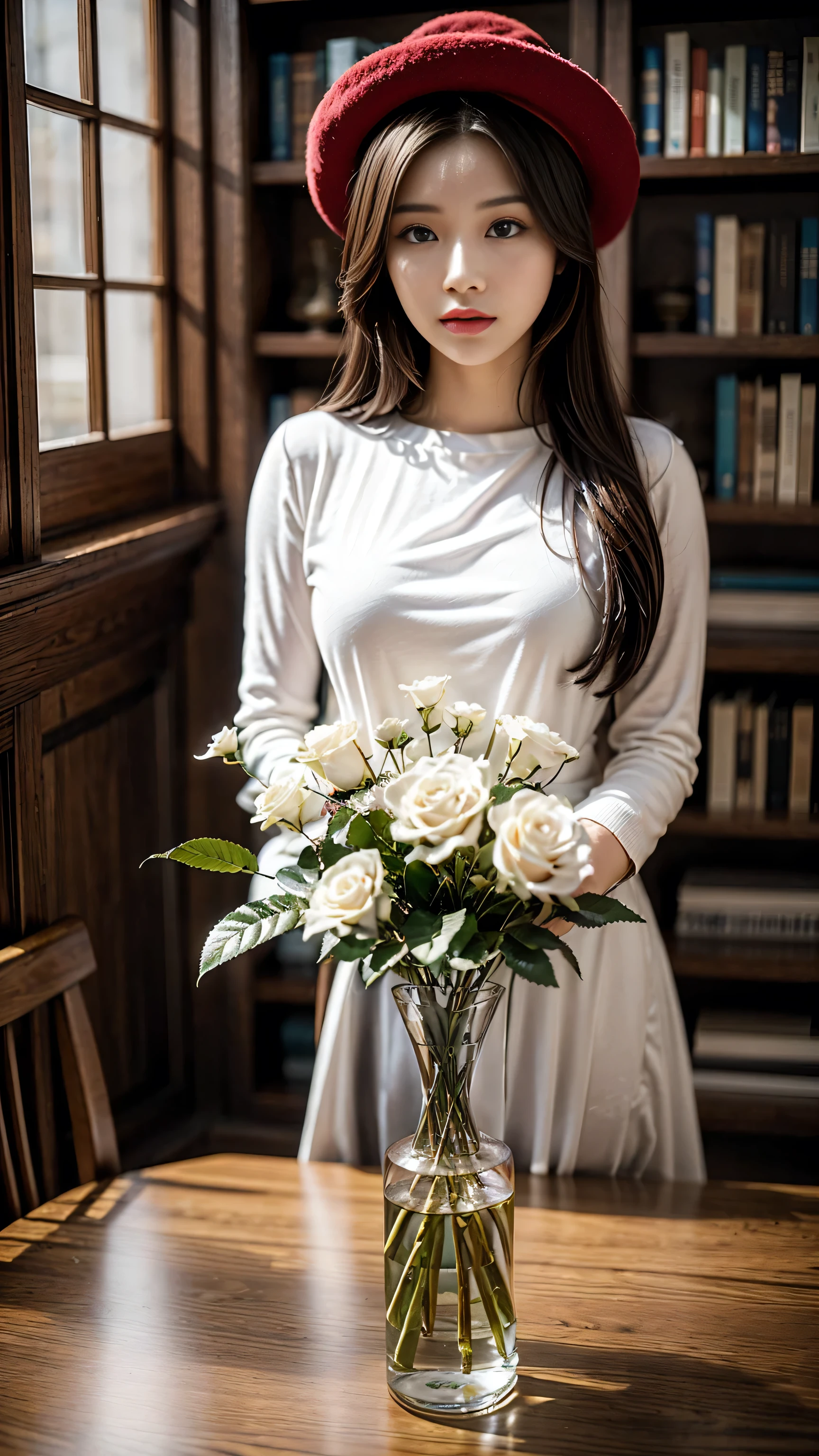 (最high quality, 8K, tabletop, Ultra HD), (photorealistic), , (sharp focus), ((highest resolution)), ((1 girl: 1.3)) 20 years old, architecture, book, bookshelf, bowlcandle, flower, hat, indoors, long, hair, red, flower, red rose, rose scenery, scroll, table, vase, window,