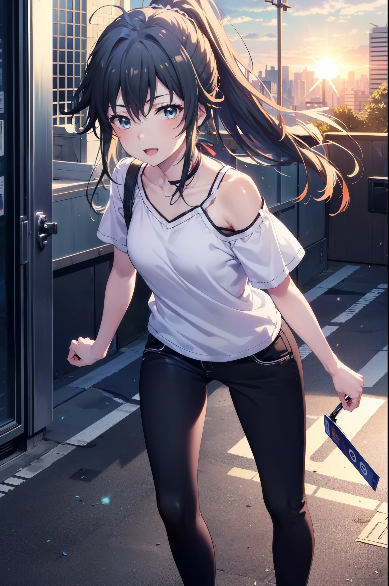 yukinoyukinoshita, yukino yukinoshita, Black Hair, blue eyes, Long Hair, Ahoge,ponytail,happy smile, smile, Open your mouth,Cordo shoulder top,Short sleeve,skinny pants,Stiletto heels,Walking,morning,morning陽,The sun is rising,
Destroy outdoors, In town,Building district,
壊す looking at viewer, Systemic
break (masterpiece:1.2), highest quality, High resolution, unity 8k wallpaper, (figure:0.8), (Beautiful fine details:1.6), Highly detailed face, Perfect lighting, Highly detailed CG, (Perfect hands, Perfect Anatomy),