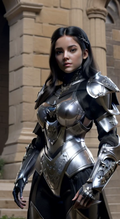 destroyed castle background, (masterpiece, best quality),(extremely intricate:1.3), (realistic), 1girl, 18 year old, caucasian, green eyes, perfect eyes, perfect iris, perfect pupils, perfect lips,perfect nose, perfect hands, very detailed hands, perfect fingers, black hair, short hair, straight hair, small braid in her hair, (medieval armor), metal reflections, (((silver armor))), outdoors, far away castle, (ornately decorated armor), (insanely detailed, bloom:1.5), chainmail, intense sunlight, professional photograph of a stunning woman detailed, sharp focus, award winning, cinematic lighting, blurry background, upper body, ((confident)), (Pose:looking at the camera)(futuristic armor, apocalyptic armor, old armor) (((armor with spoilers, armor with light, futuristic armor)))