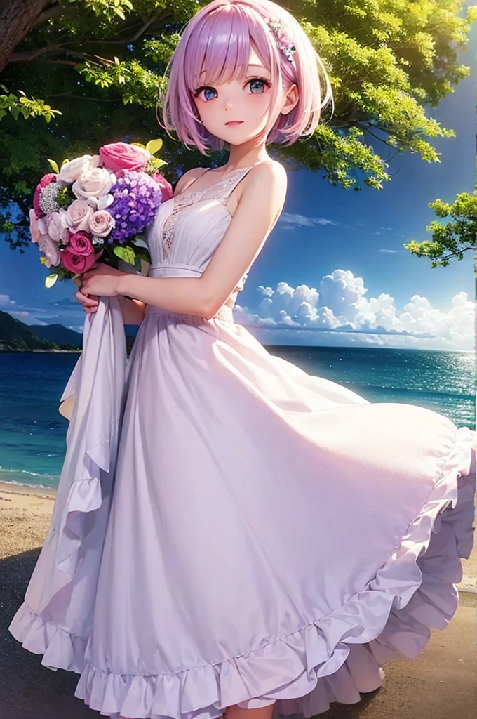 Pink and light blue dreamy hair short hair Purple Eyes beautiful girl wedding White Dress White flower blue sea White sand beach Hair fluttering