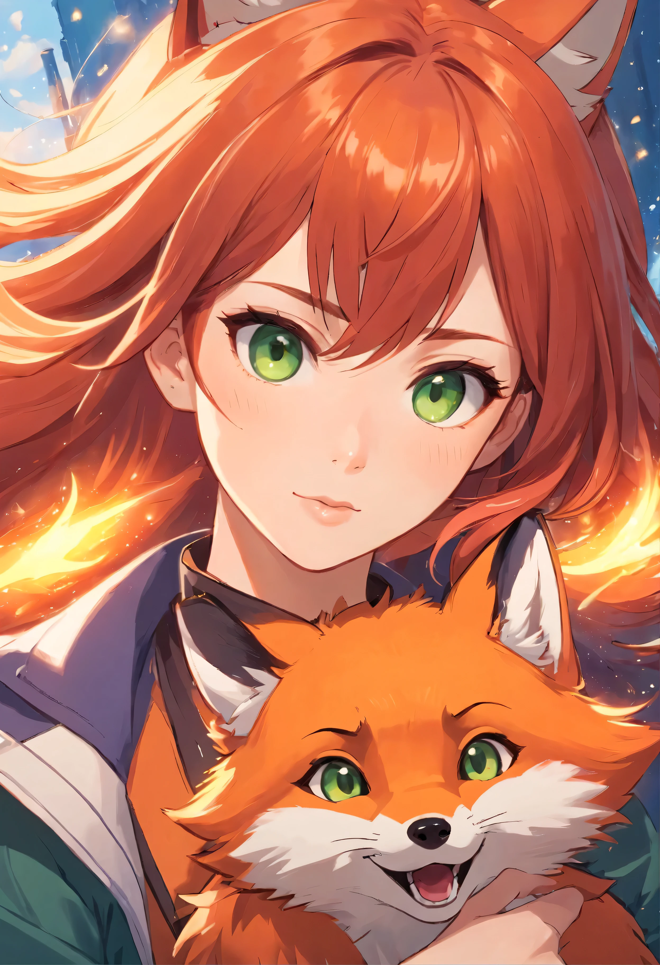 a close up of a woman with red hair and a fox, a beautiful fox lady, foxgirl, orange skin and long fiery hair, green eyes, magali villeneuve', graphic artist magali villeneuve, ginger hair and fur, inspired by Magali Villeneuve, in style of anne stokes, red haired goddess, fantasy fox love, fire hair, by Galen Dara