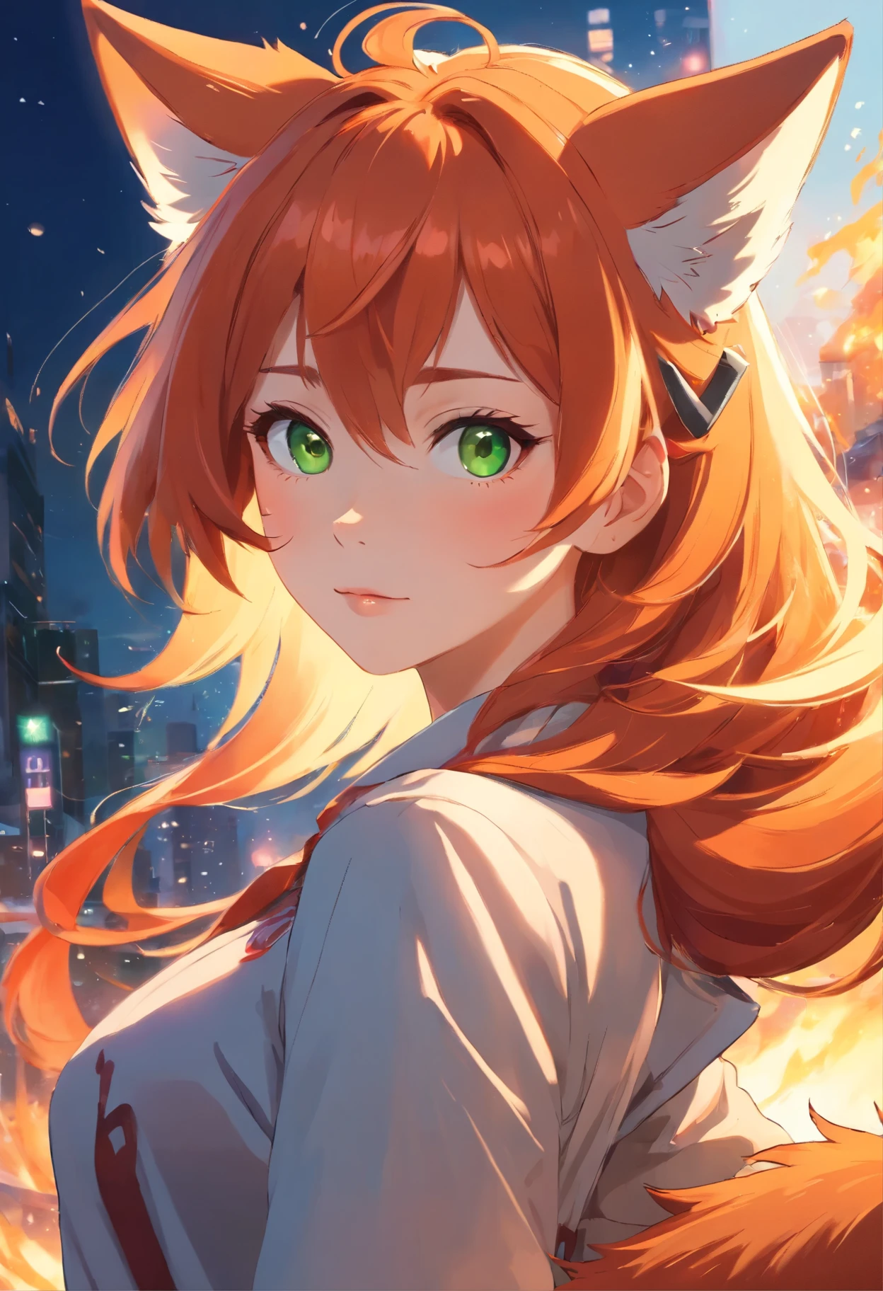 a close up of a woman with red hair and a fox, a beautiful fox lady, foxgirl, orange skin and long fiery hair, green eyes, magali villeneuve', graphic artist magali villeneuve, ginger hair and fur, inspired by Magali Villeneuve, in style of anne stokes, red haired goddess, fantasy fox love, fire hair, by Galen Dara
