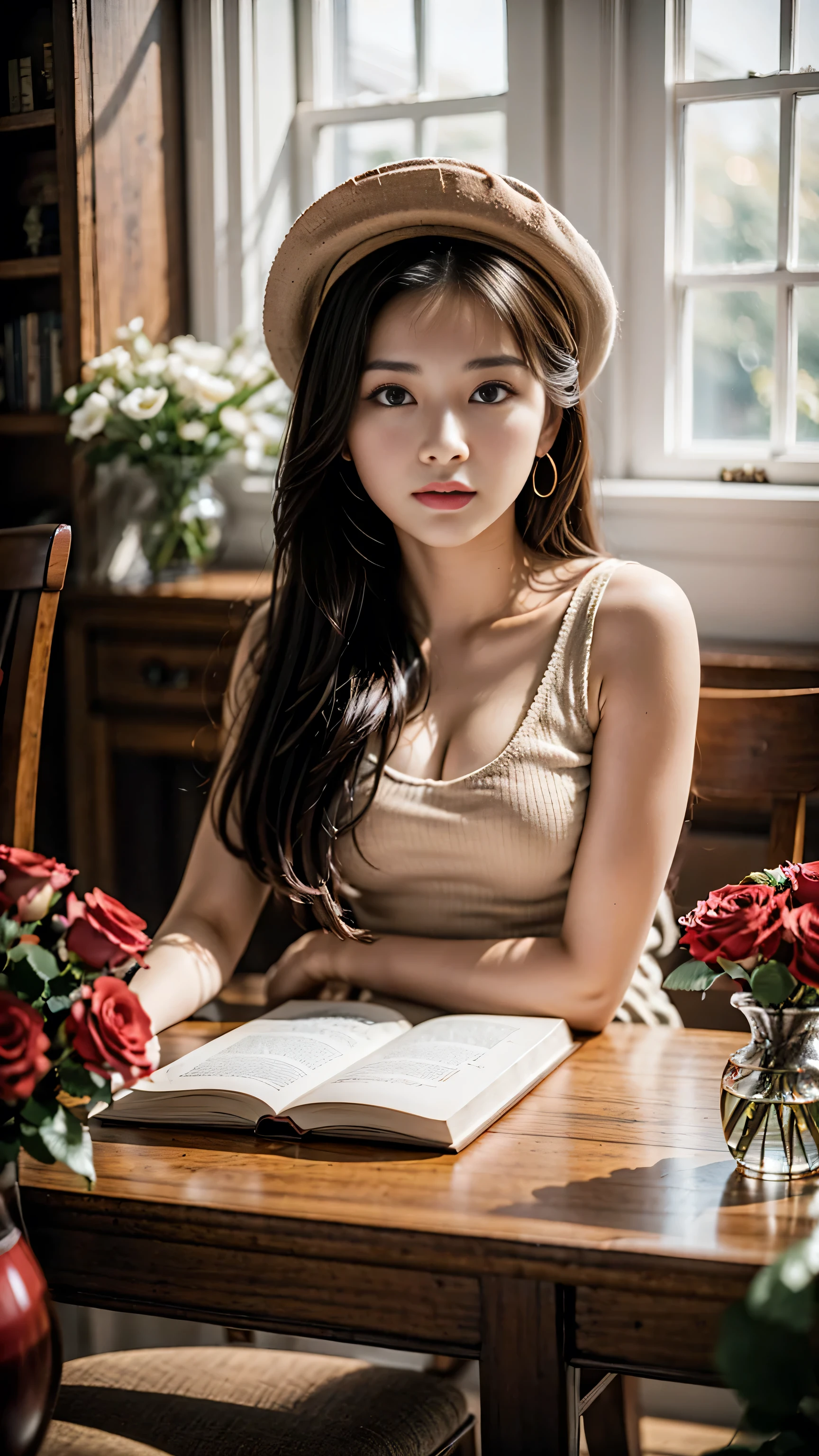 (最high quality, 8K, tabletop, Ultra HD), (photorealistic), , (sharp focus), ((highest resolution)), ((1 girl: 1.3)) 20 years old, architecture, book, bookshelf, bowlcandle, flower, hat, indoors, long, hair, red, flower, red rose, rose scenery, scroll, table, vase, window,