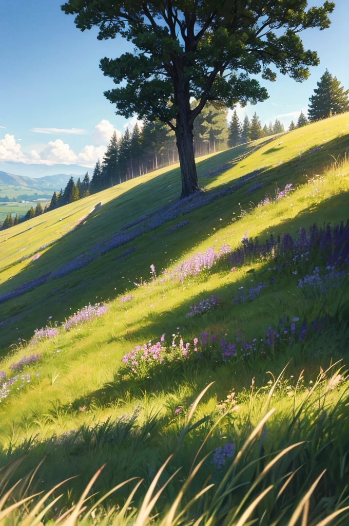 grassland, Wild grassland, There are some trees in the distance, Mottled light and shadow, beautiful, masterpiece