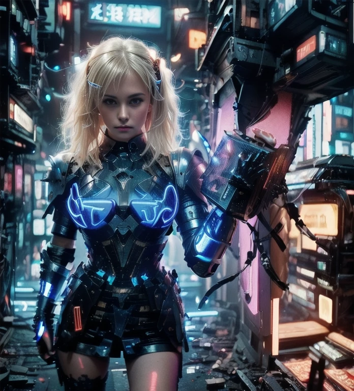 Young woman, blonde color hair, beautiful face, (fashion model portrait), (cyberpunk armor, cinematic blue neon decourations in armor), uhd, magic book with energy radiations, cute european face, large breasts, straight hairs 