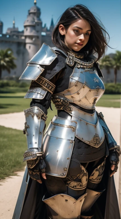 destroyed castle background, (masterpiece, best quality),(extremely intricate:1.3), (realistic), 1girl, 18 year old, caucasian, blue eyes, perfect eyes, perfect iris, perfect pupils, perfect lips,perfect nose, perfect hands, very detailed hands, perfect fingers, black hair, short hair, straight hair, small braid in her hair, (medieval armor), metal reflections, (((silver armor))), outdoors, far away castle, (ornately decorated armor), (insanely detailed, bloom:1.5), chainmail, intense sunlight, professional photograph of a stunning woman detailed, sharp focus, award winning, cinematic lighting, blurry background, upper body, ((confident)), (Pose:looking at the camera)(futuristic armor, apocalyptic armor, old armor) (((armor with spoilers, armor with light, futuristic armor)))