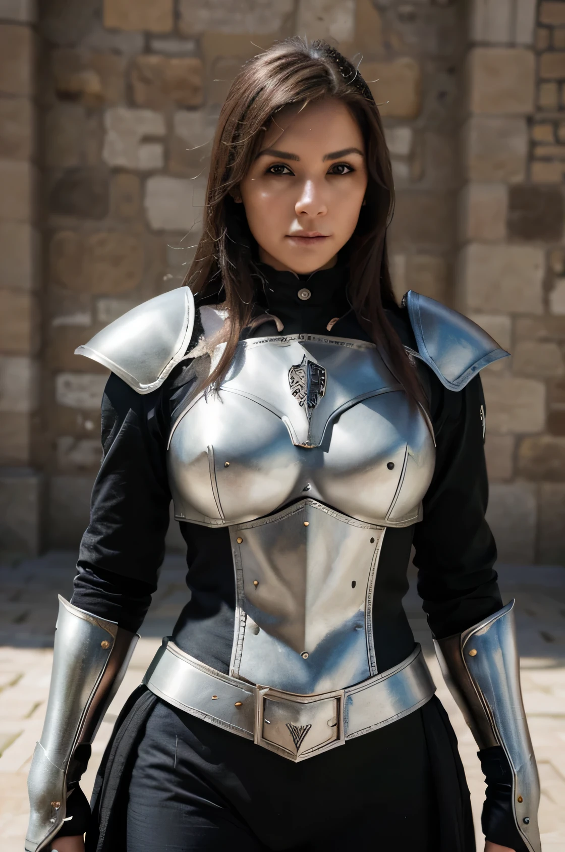 Mujer con armadura medieval, retrato de cuerpo entero, sharp lens, professional photography, lente de 70 mm, detalle amor, buena calidad, Motor irreal 5, fondo de pantalla, vistoso, muy detallado, 8K, luz tenue, foto realista