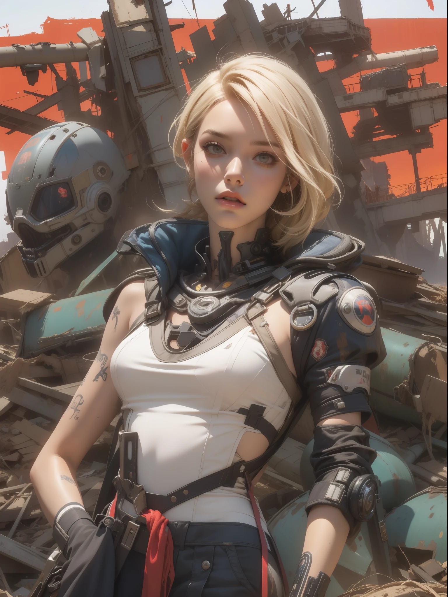 (((woman))), (((best qualityer))), (((tmasterpiece))), (((AS-Adult))), (((1girll))), ((( Bob Hairstyles ))), A 25-year-old cyberpunk gladiator with a perfect body, Shoulder pads with metal spines, Brooklyn gladiolus, (( Bob Hairstyles )), Small leather panties, Torn football team shirt, Simon Bisley, Almost naked（Simon Bisley）City，Desolate desert，city ruins，Waste soil style，Crazy Max movie style，with short golden hair, Minimum clothing, Left arm metal protection，Has complex graphics, dark red color，White stars and white and navy blue checkerboard pattern, armure, Full of tips and rivets, (((From the knee up))), Short white blonde hair, The background is Shepard Fairley（Shepard Fairley）Painted walls of complex design，Katsuhiro Otomo style， decrepit、Abandoned and dirty environment;ruins、Desert and wilderness landscapes;rubbish、Reuse of garbage and waste，Low-tech and violent ways of survival，droid、The emergence of high-tech elements such as artificial intelligence，Doomsday wasteland style，ultra-realistic realism，highly details，intricately details，rendering by octane，trends in art station