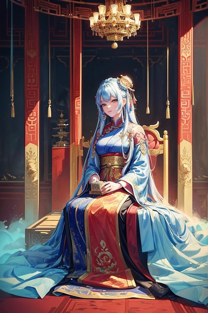 In real scenes, Chinese palaces above the clouds, In the main hall of the palace, The emperor sits on the throne, Wearing luxurious ancient costumes,Majestic face. Surrounded by concubines, The craftsman kneeling before them, Gorgeous, Glazed tiles, Colored lights, (((Ink splash)), ((Ink splash}), masterpiece, high quality, Beautiful graphics, High Detail: