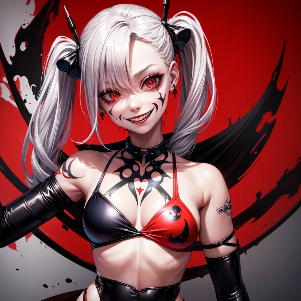 tattoo girl, very beautiful, murderous, Harley Quinn, crazed look, dark background, 8K, dynamic wallpaper, very delicate, very dense, creepy smile, close up to camera, dripping red one piece swimsuit, red beach background,
