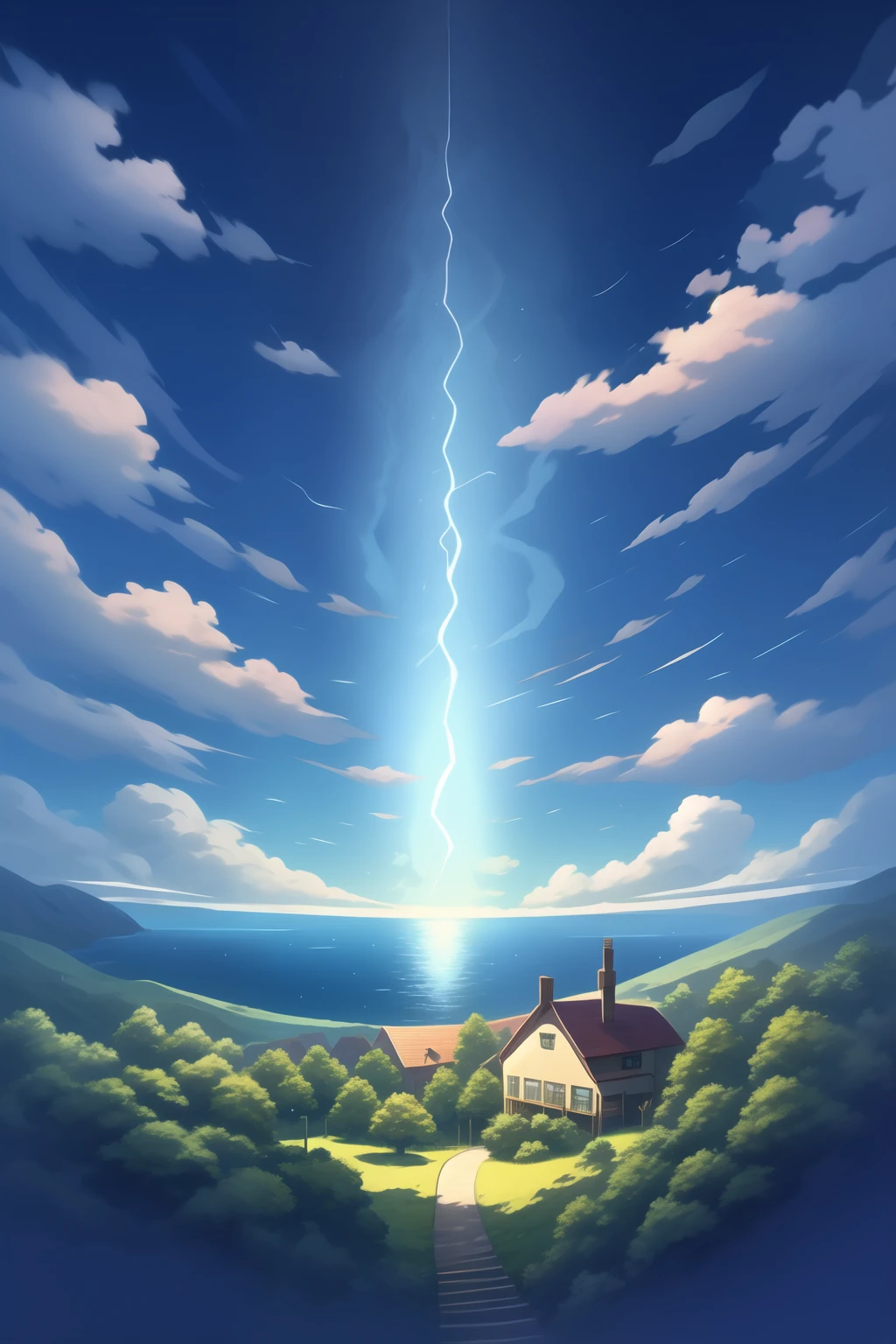 House overlooking the sea with trees, clouds and a girl sitting on the floor, best quality
